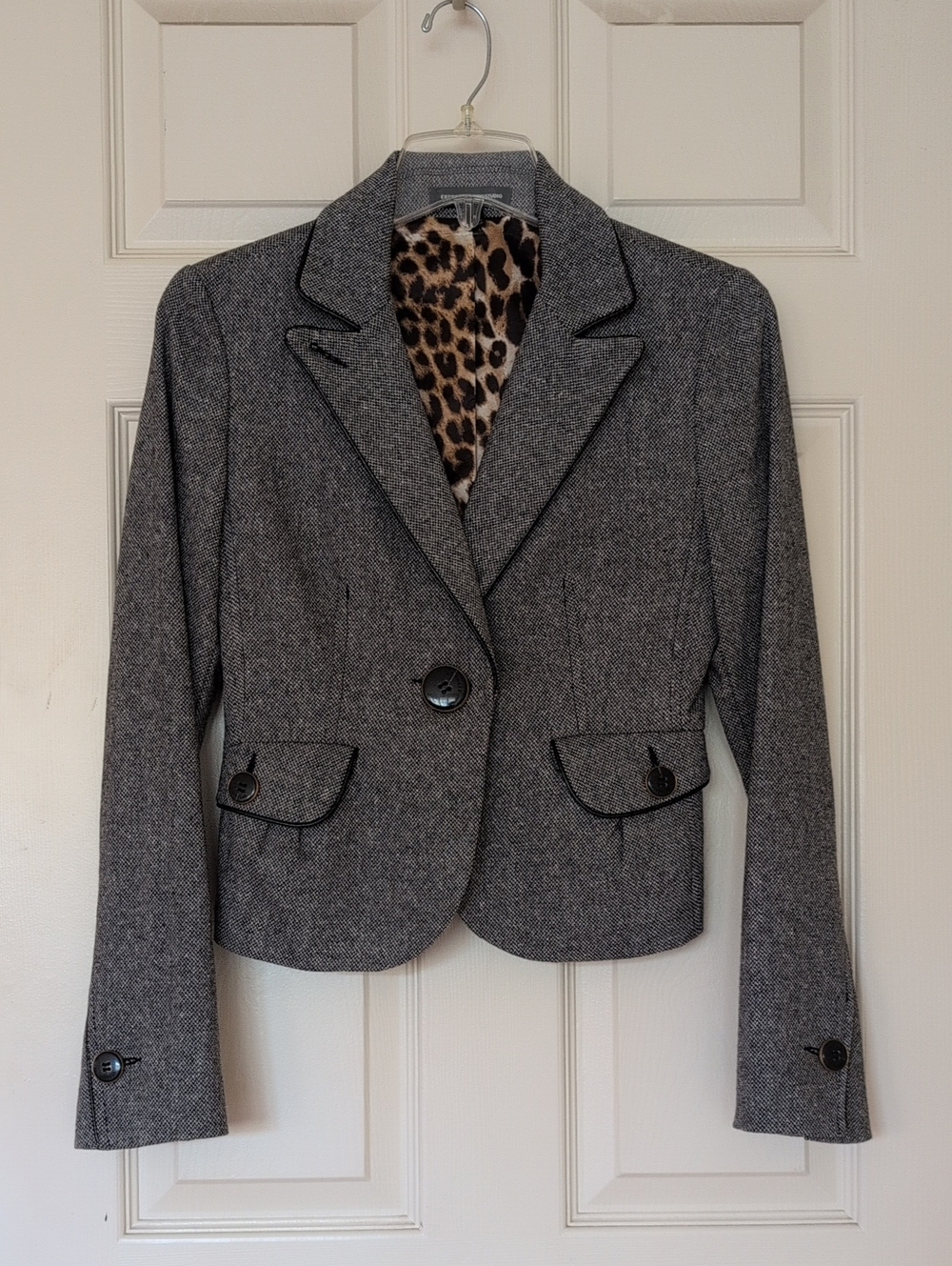NWOT. Express Design Studio Wool Blended Herringbone Blazer with Leopard Lining.